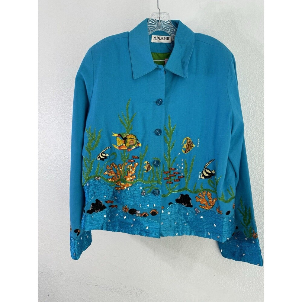 Anage Womens Jacket Size Large Blue Colorful Fish Sea Life Beaded Sparkly Resort
